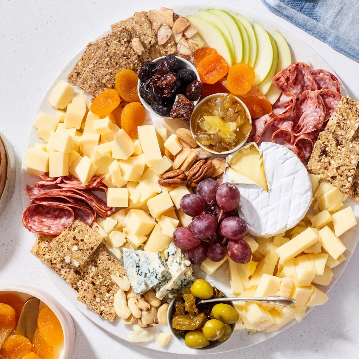 A visually stunning savory cheese board, boasting a variety of cheeses and fresh fruits for a treat!
