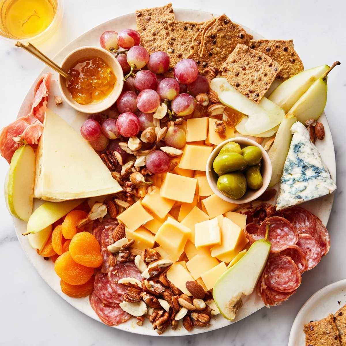 This savory cheese board offers an enticing look at delicious cheeses, charcuterie and accompaniments.
