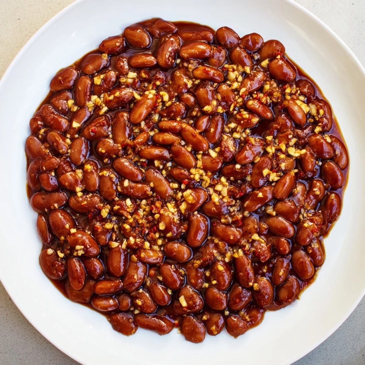 A close-up of delicious baked beans with molasses, perfect for your next barbecue, ready to eat.