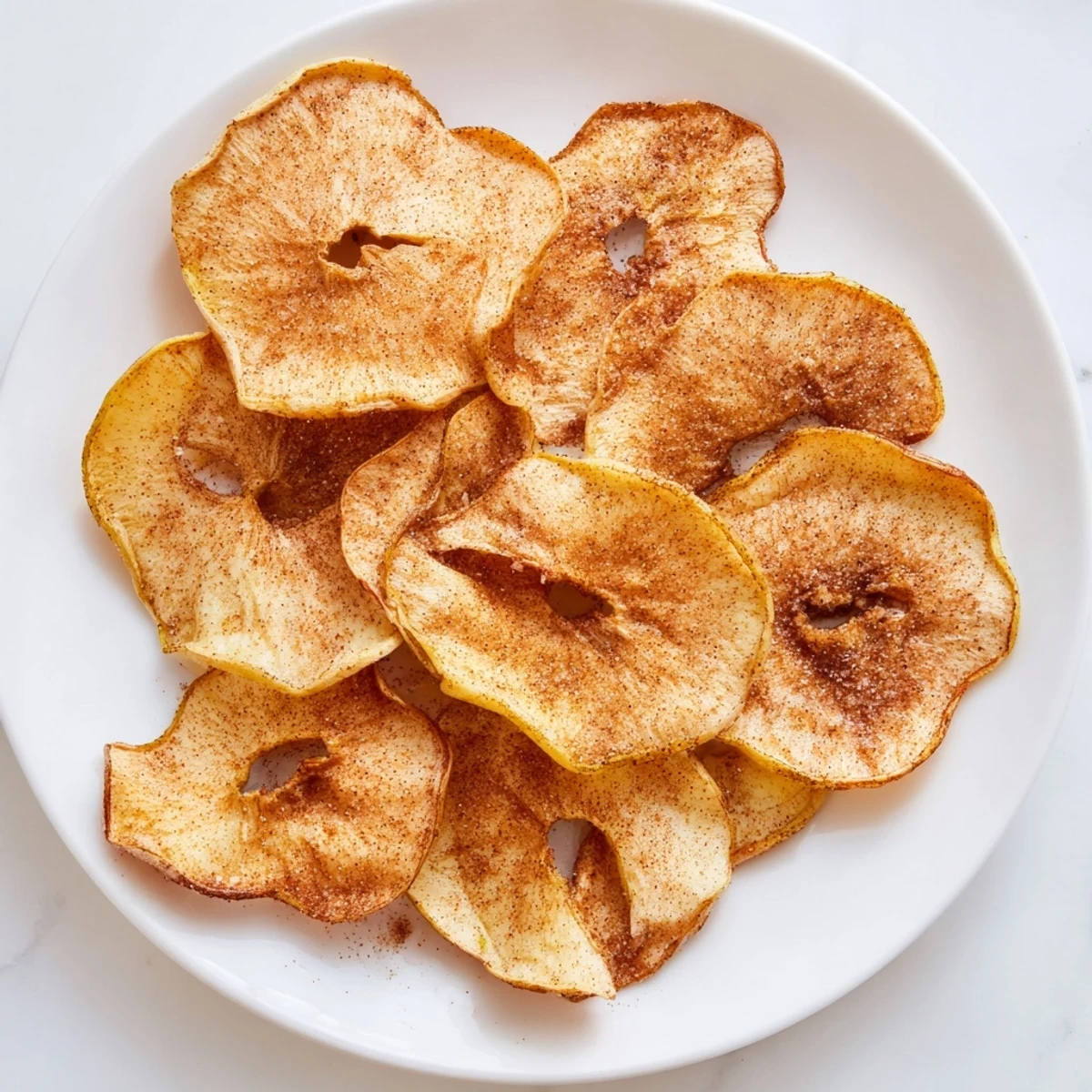 Thinly sliced Spiced Apple Chips, glistening with spices, ready to be enjoyed as a light and healthy snack.