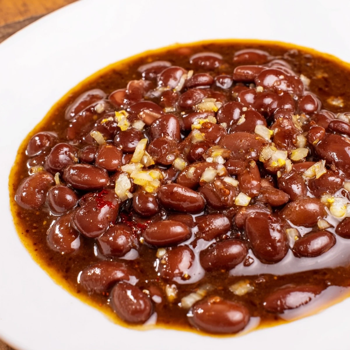 Close-up of perfectly cooked baked beans with molasses; a sweet and savory American classic.