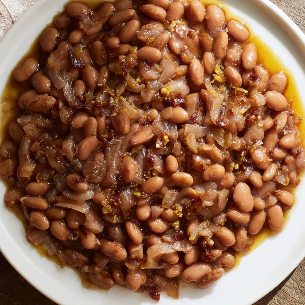 A warm bowl of baked beans with molasses: a comforting side dish with a rich, dark sauce.