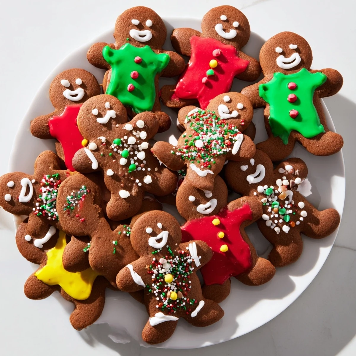 Decorated gingerbread men cookies with colorful icing and sprinkles, ready for the holidays.