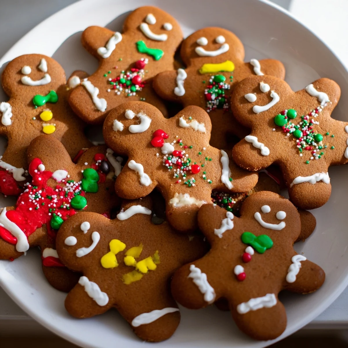 Close-up of freshly baked gingerbread men, showing intricate icing details and delightful candy accents.