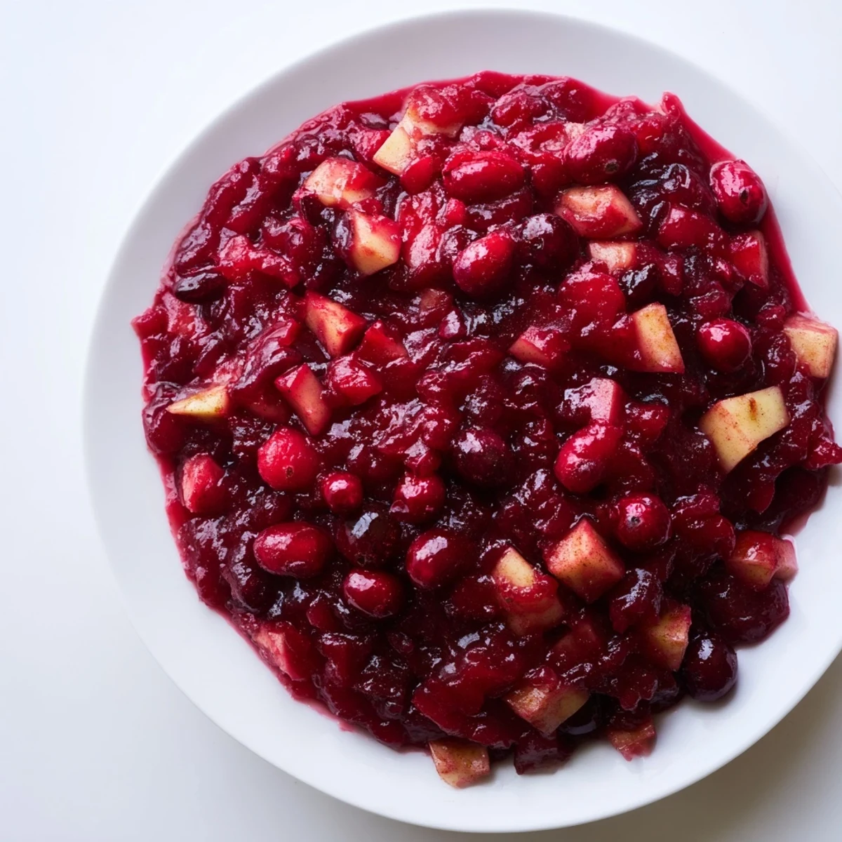 A bowl of homemade Cranberry Apple Sauce with a glossy, vibrant, ruby hue.