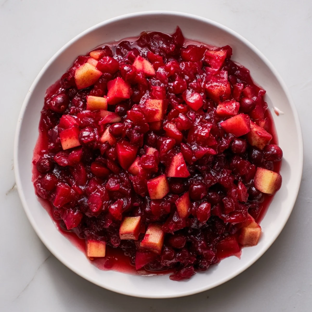 Tangy, warm Cranberry Apple Sauce is bubbling in a pan; a delicious side.