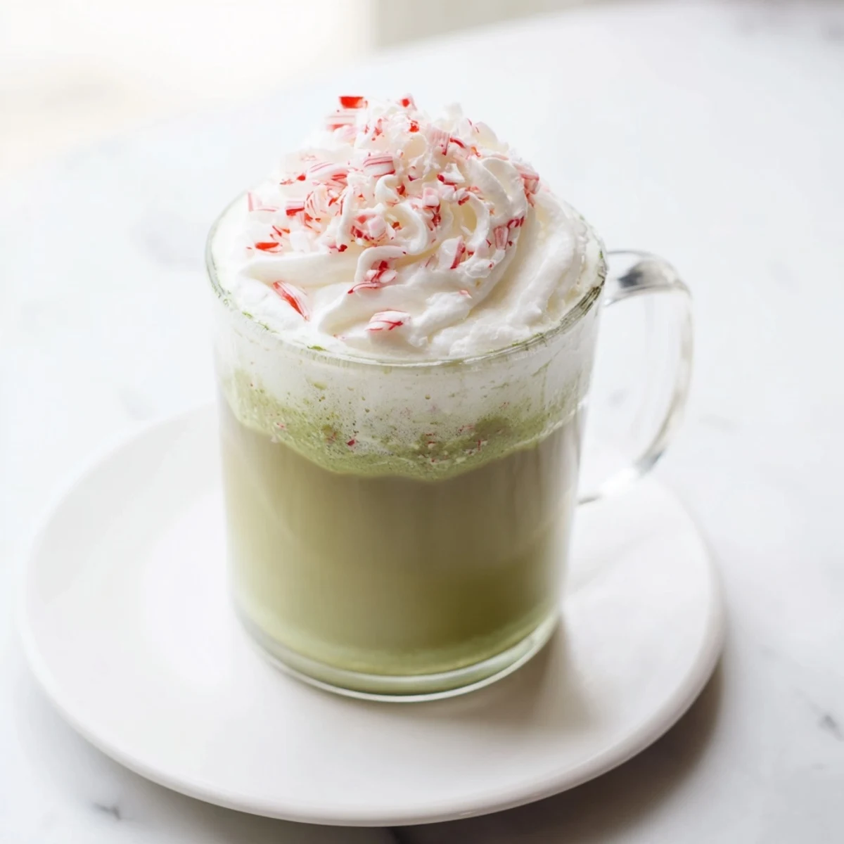 Steaming peppermint tea latte, topped with whipped cream and crushed peppermint candies, looks inviting.