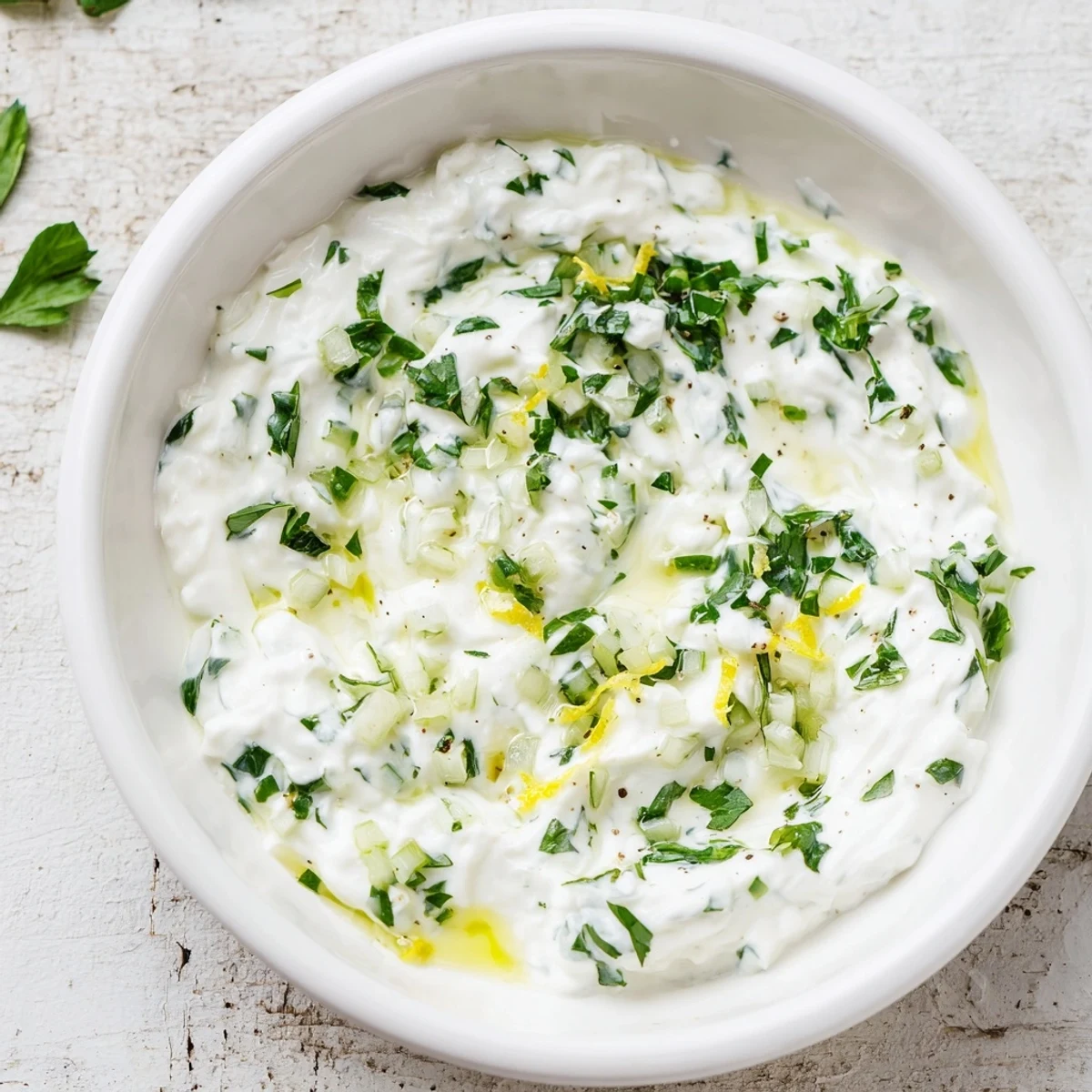 Close-up of Creamy Greek Yogurt Dip, showcasing its creamy texture with hints of garlic and dill.