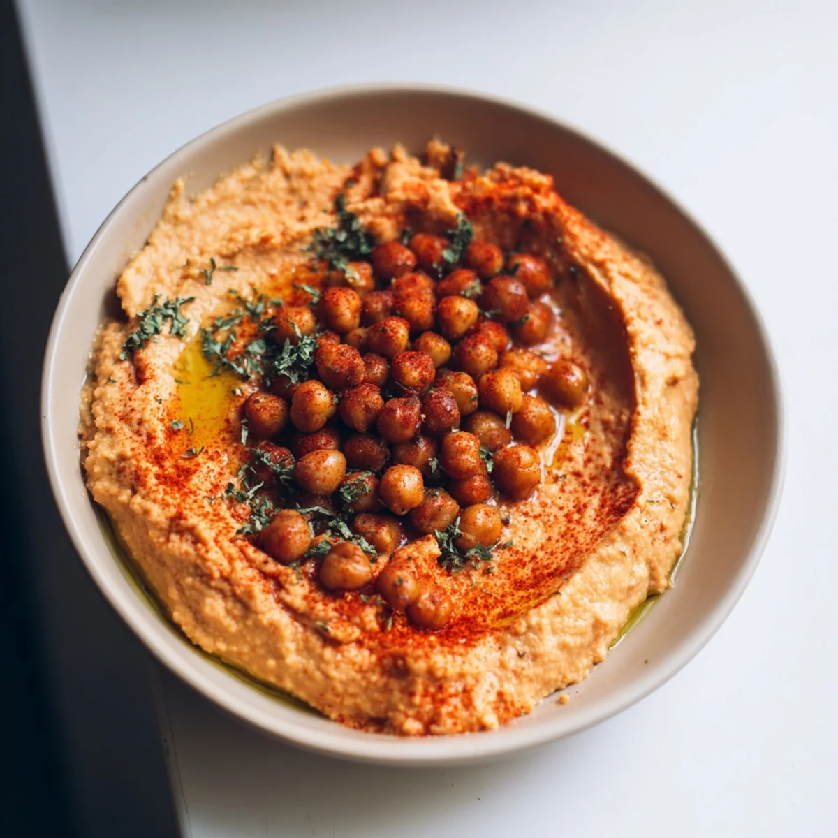 Cremiger Roasted Pepper Hummus, serviert mit frischem Gemüse und einem Hauch von Olivenöl.
