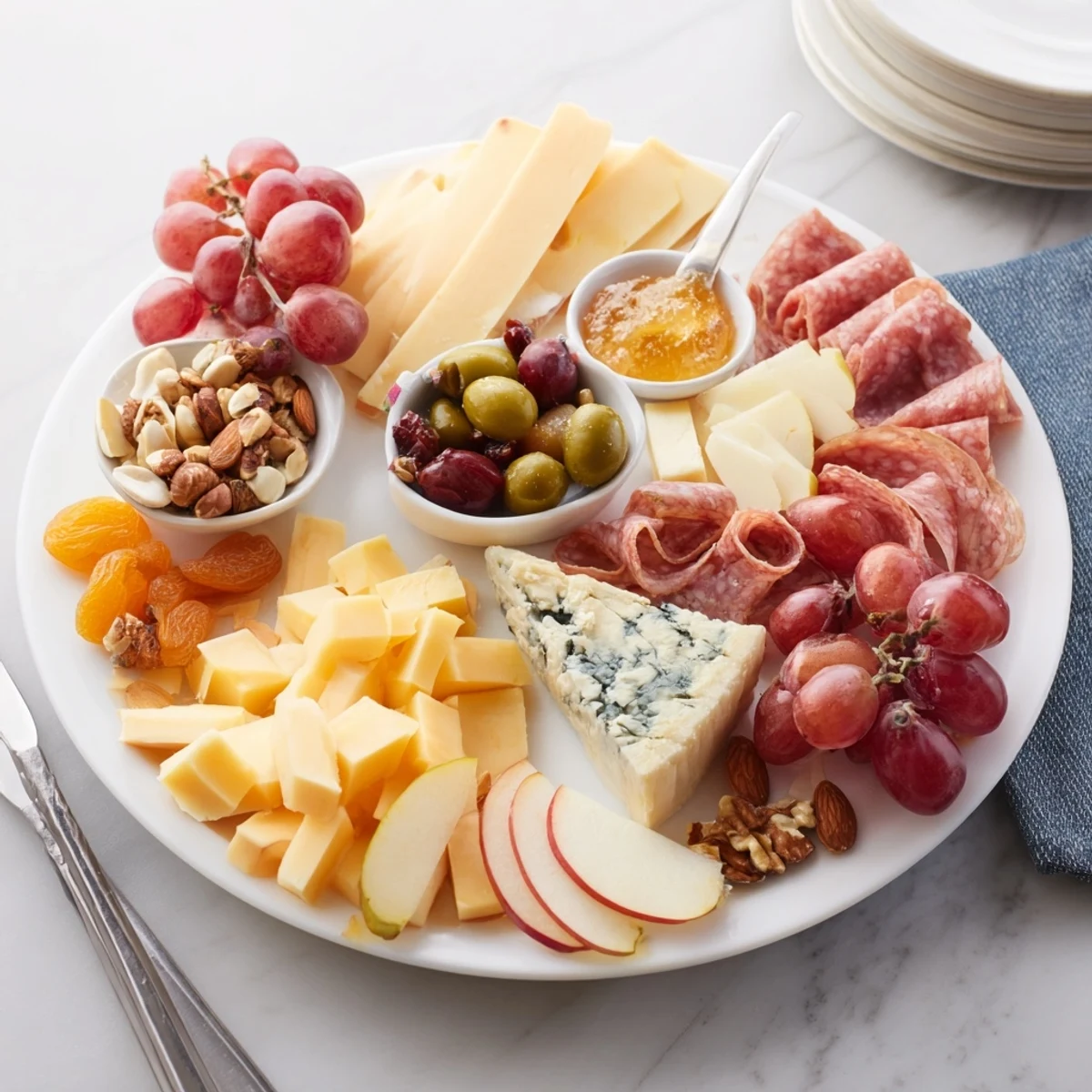 A visually enticing savory cheese board, boasting creamy brie, aged cheddar, and fresh grapes.