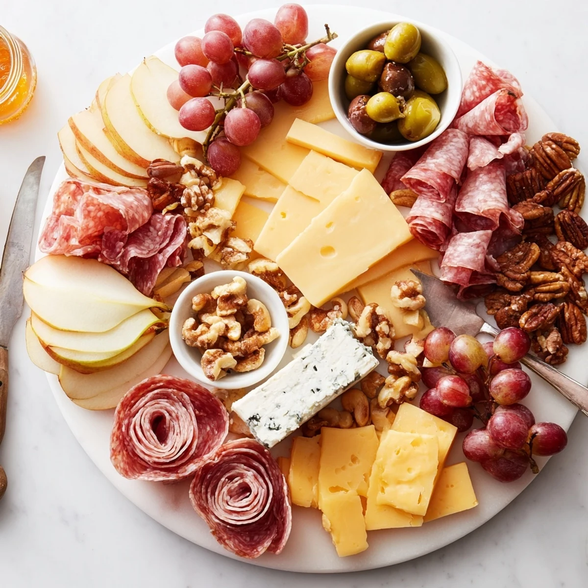 This delicious cheese board includes prosciutto, olives, and a drizzle of honey; perfect for guests.