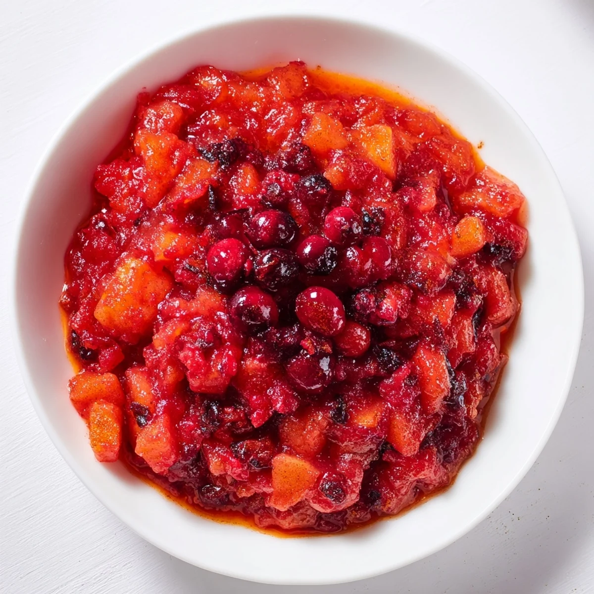 A close-up of chunky, glistening Cranberry Apple Sauce; perfect alongside a Thanksgiving turkey.