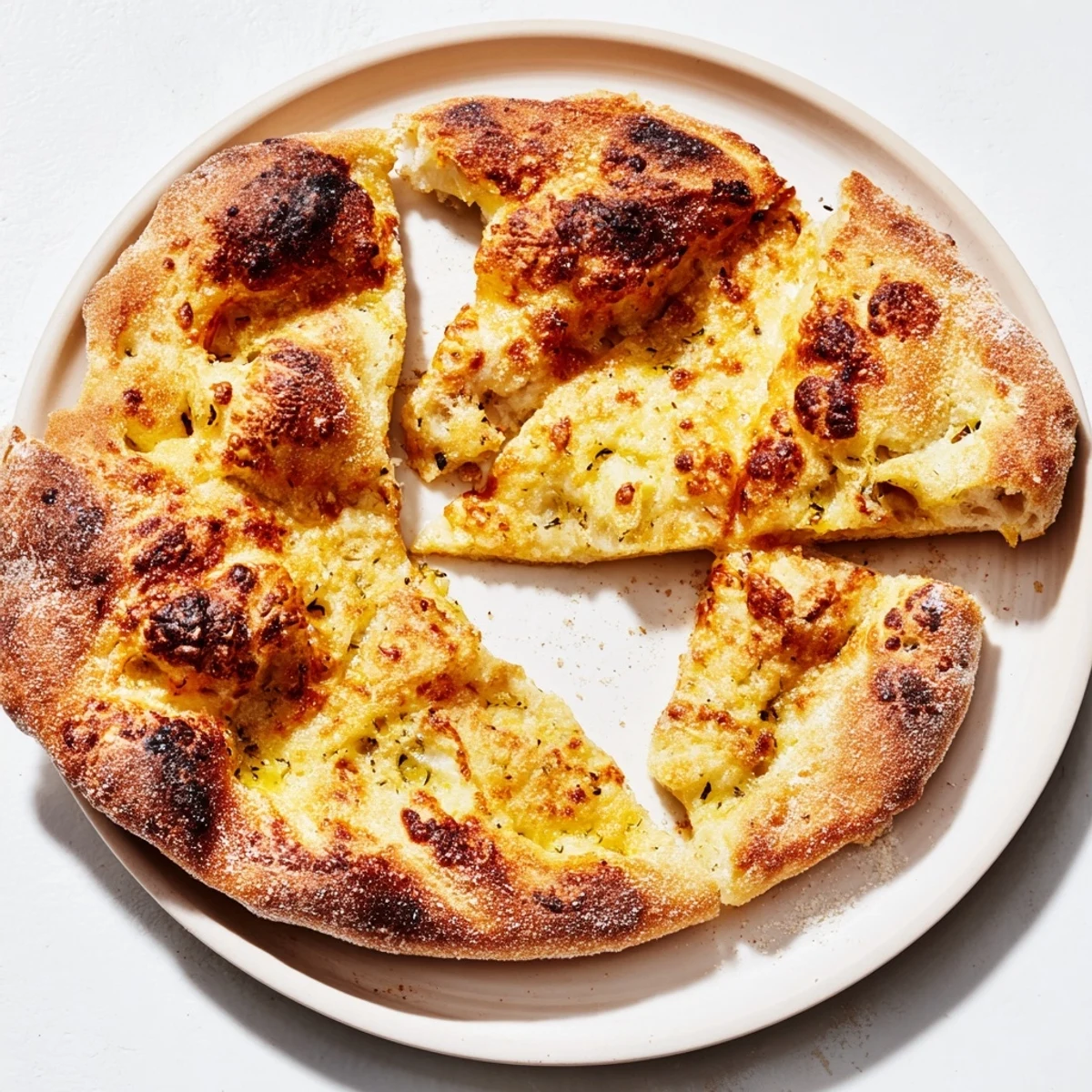 Golden, crispy pizza crust, ready for toppings, resting on a wooden board sprinkled with semolina.