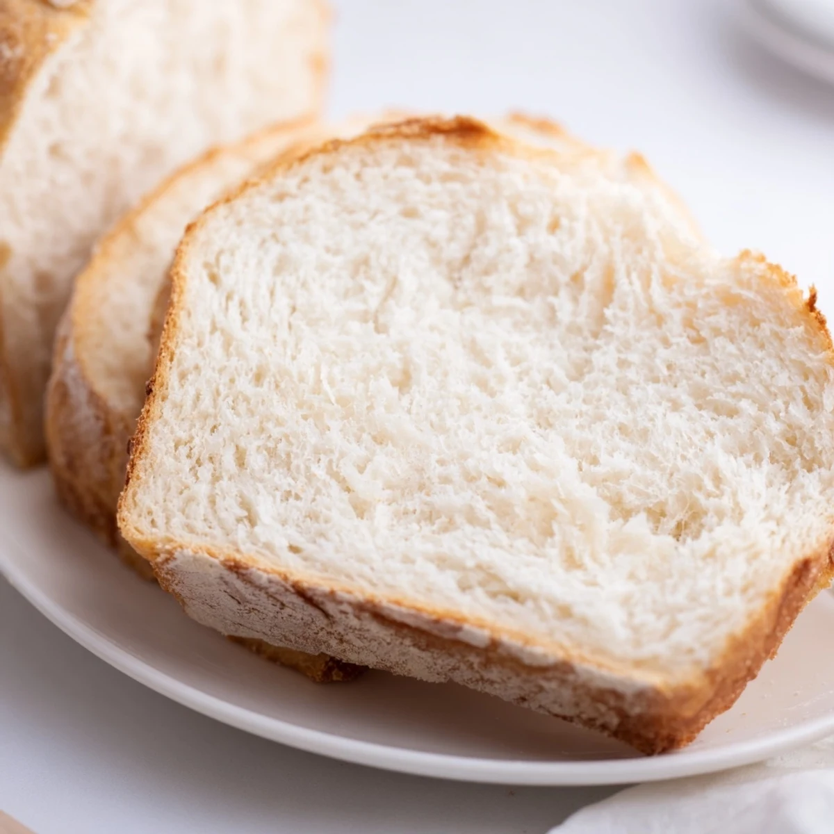 A rustic photo shows a freshly baked classic homemade baked bread with a golden crust and airy texture.