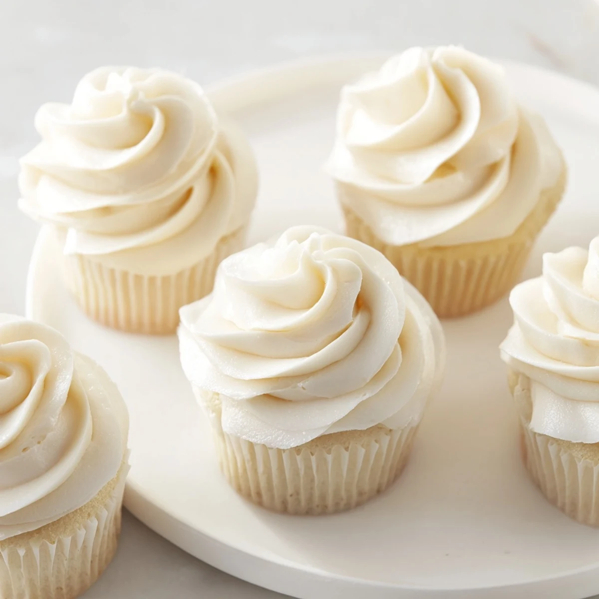 Swirled, creamy buttercream frosting on a golden cupcake, ready for a sweet treat.