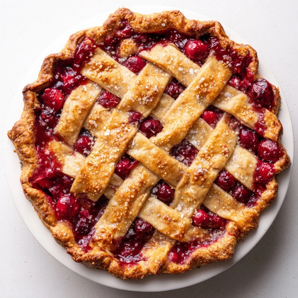 A warm slice of tangy cranberry pie, with its bubbling, sweet-tart filling and flaky golden crust.