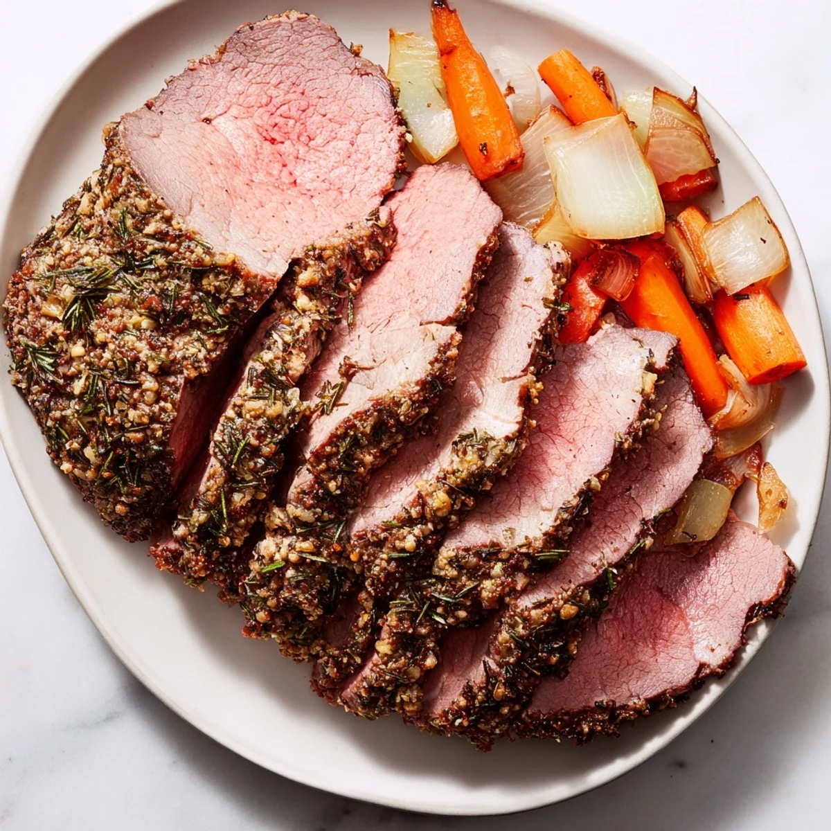 Close-up of a tender roast beef, seasoned beautifully and ideal for a festive gathering.