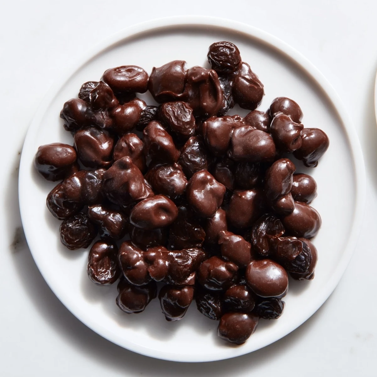 A bowl of rich, dark melted chocolate surrounding plump raisins, destined to be chocolate covered raisins.