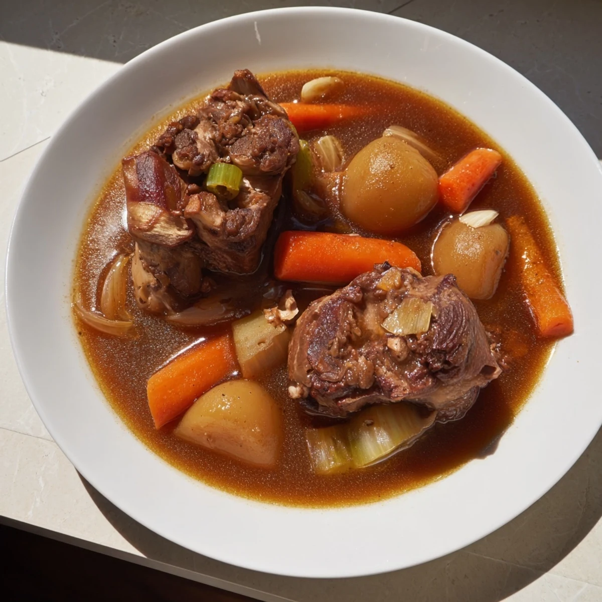 Tender bone-in beef stew, a rich and savory meal, simmered with root vegetables until perfect.