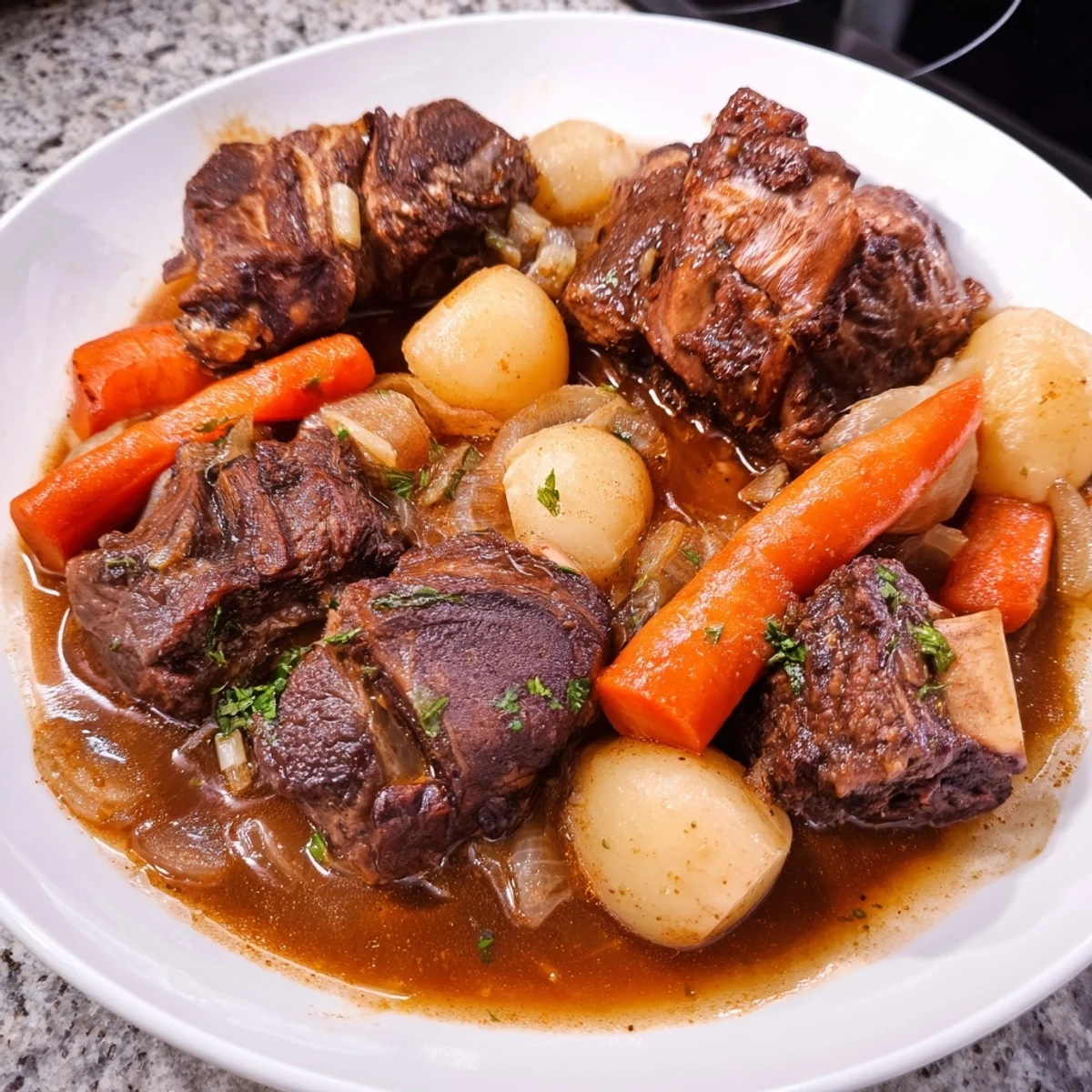 A steaming bowl of bone-in beef stew, showcasing chunks of meat and potatoes in a thick broth.
