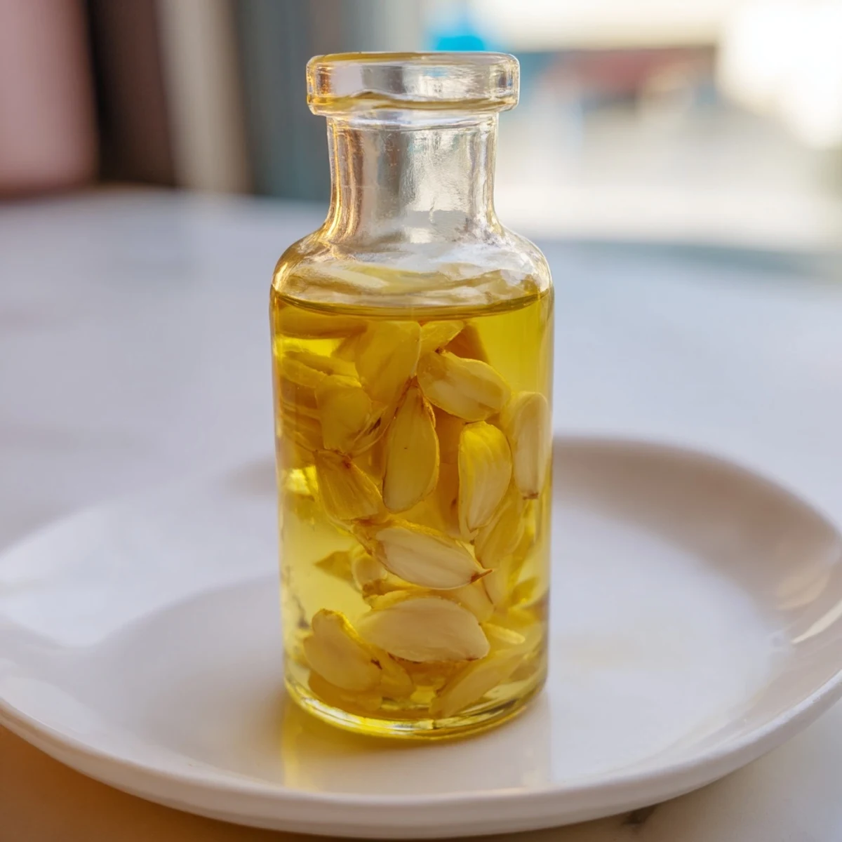 Scented garlic oil shimmering golden in a jar, ready to drizzle over pasta.