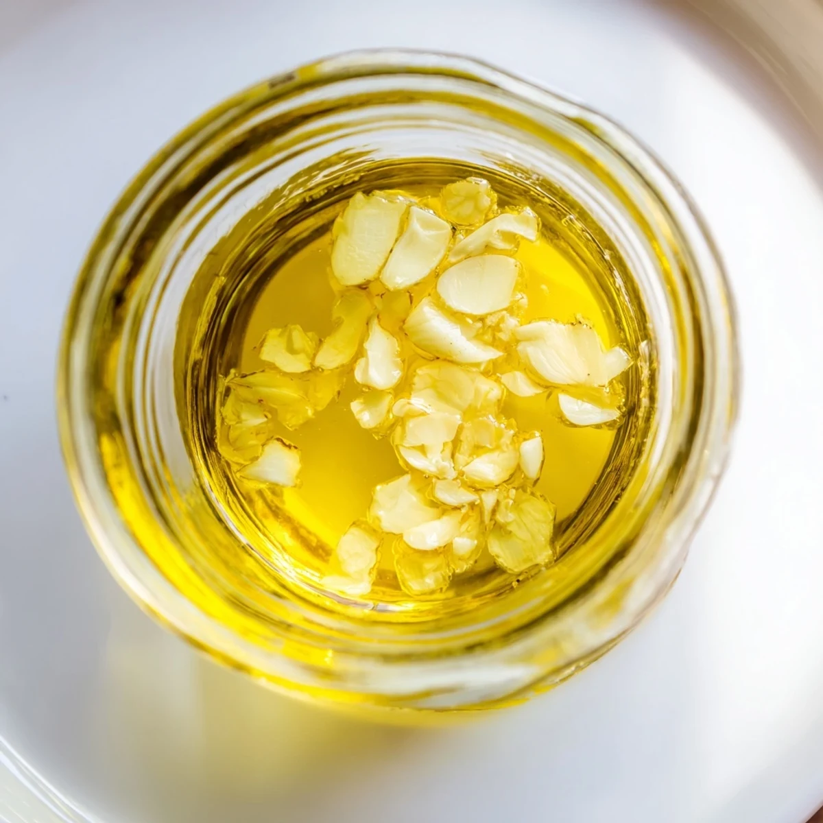 Close-up of fragrant scented garlic oil, infused with thyme, perfect for dipping bread.