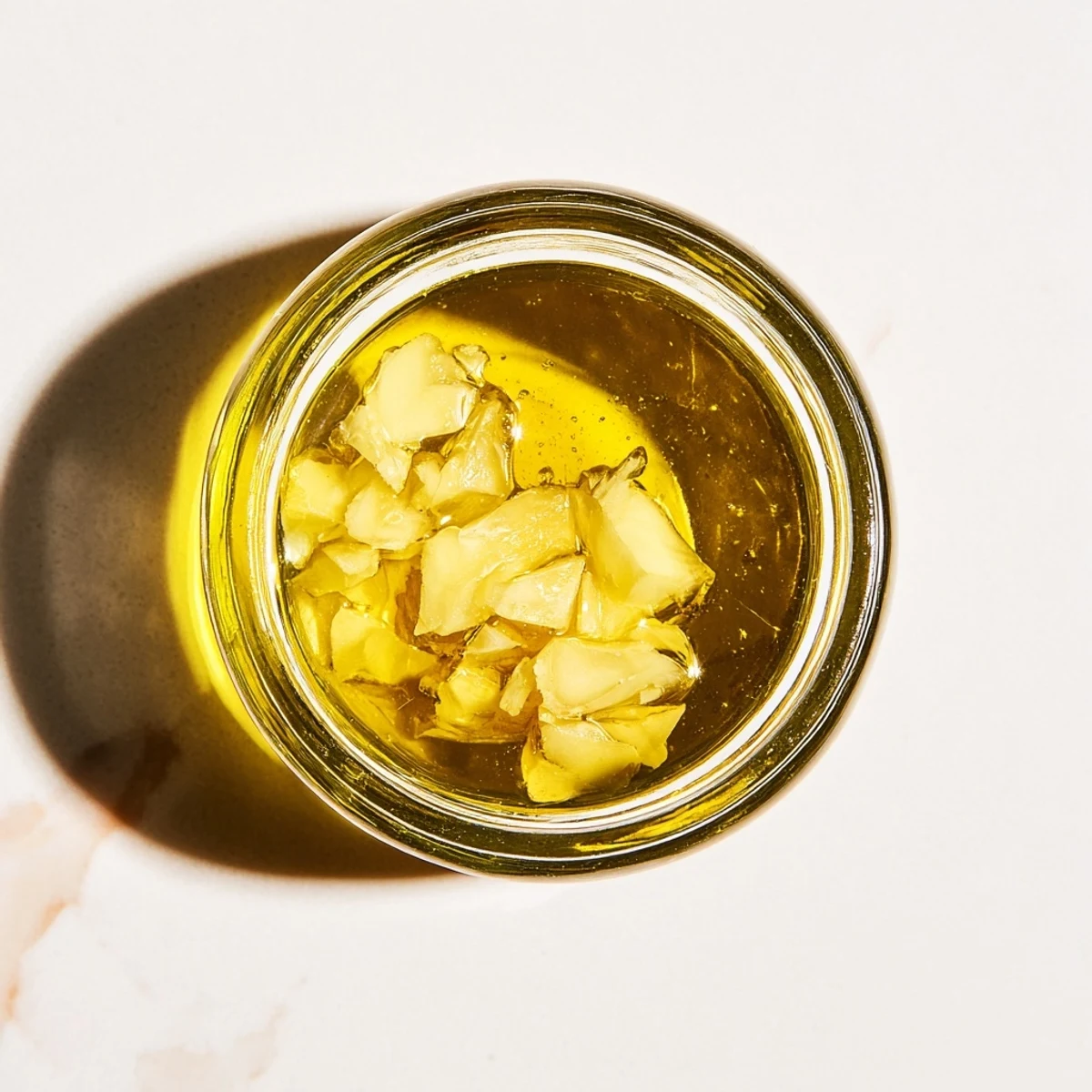Homemade scented garlic oil, a vegan and gluten-free condiment with vibrant flavors.