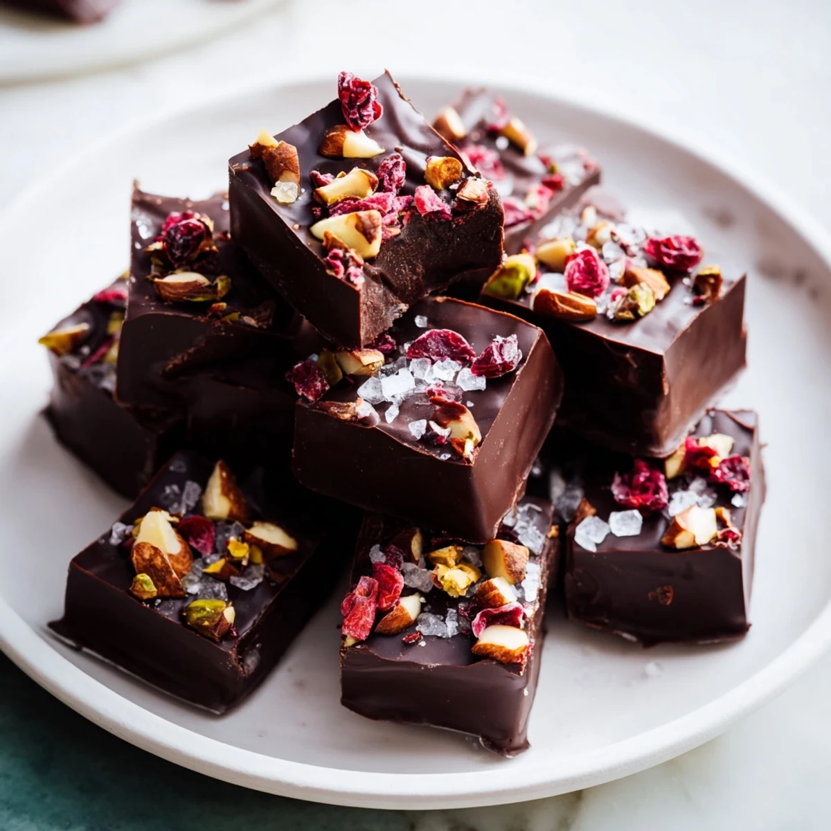 A close-up of decadent bite Chocolate, showing the creamy texture and delightful hazelnut pieces.