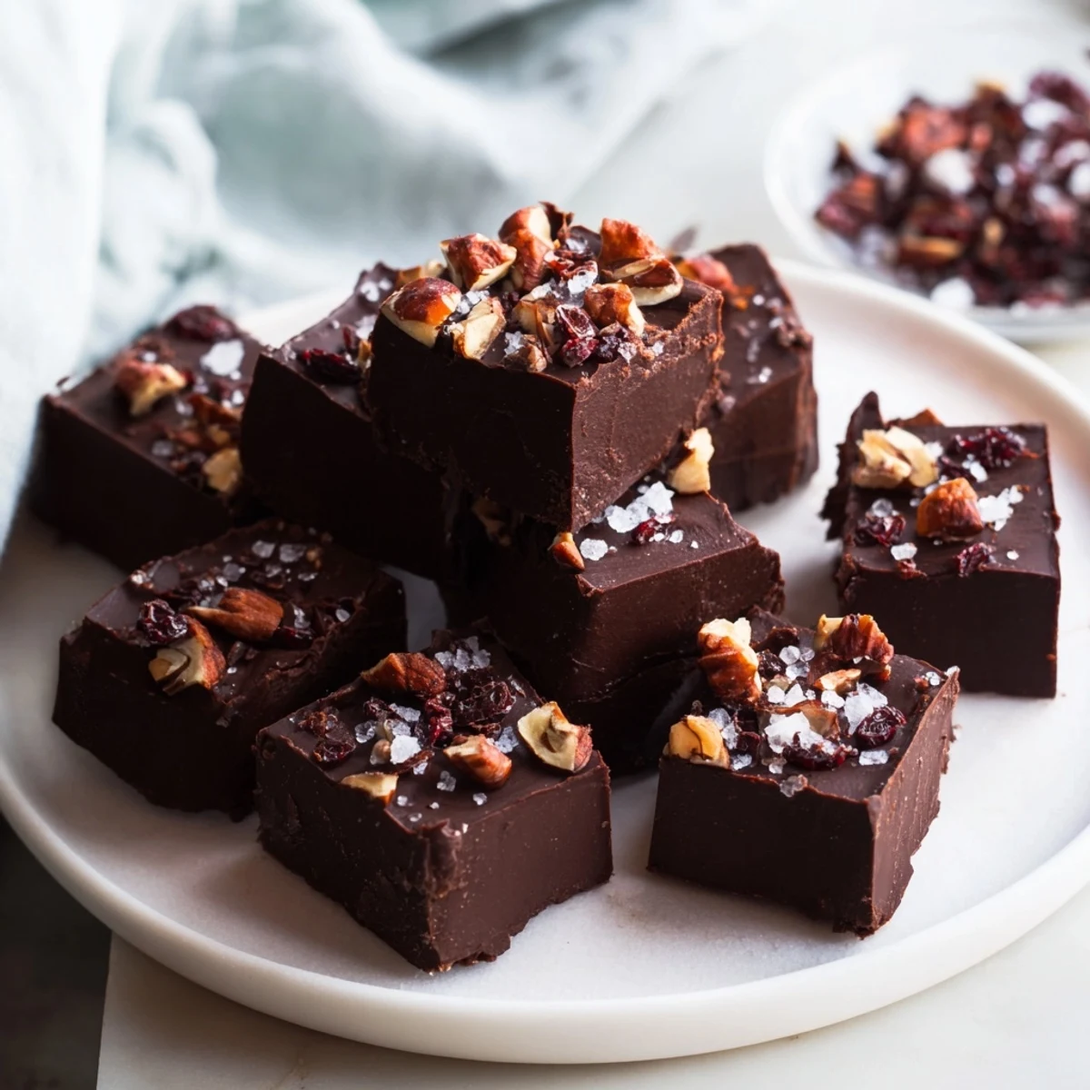 Rich, dark bite Chocolate squares, studded with hazelnuts, ready to be enjoyed as a sweet treat.
