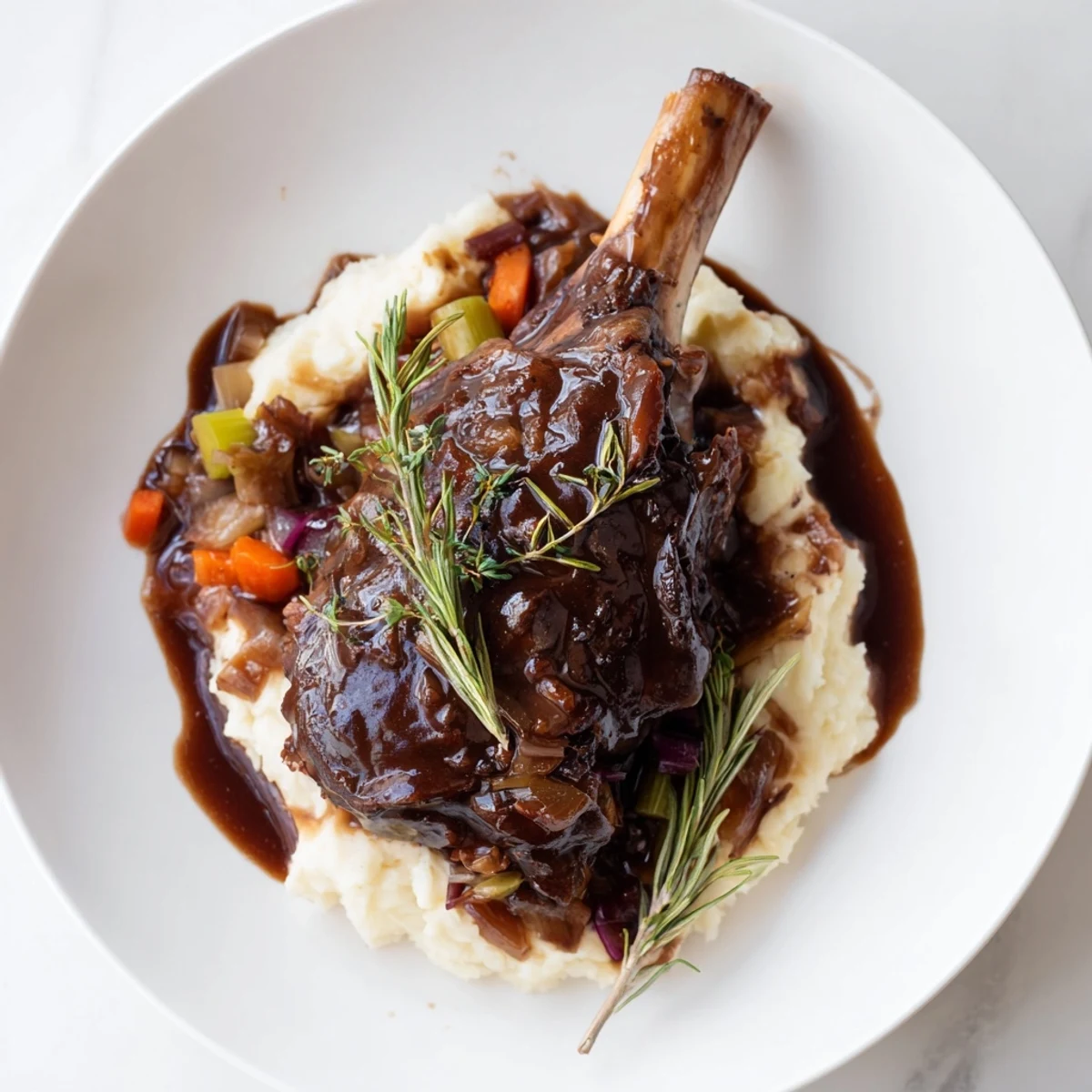 Braised Lamb Shanks with creamy mash, a hearty dish with tender meat and mashed potatoes.
