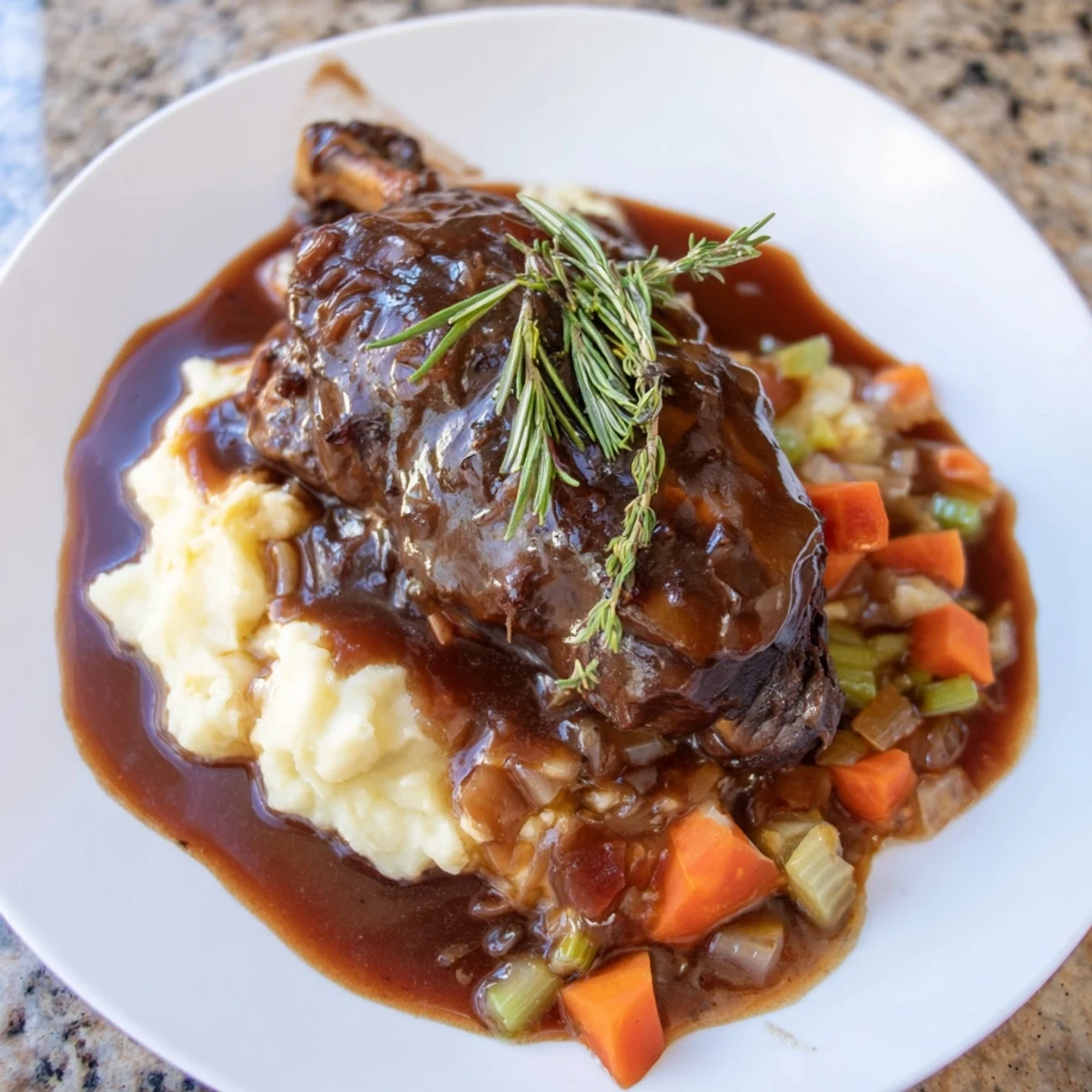 Fork-tender Braised Lamb Shanks simmered in red wine sauce, served with perfect creamy mash.