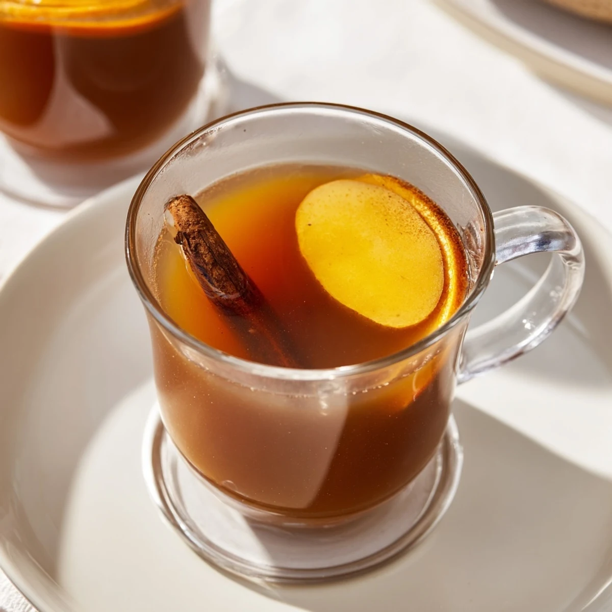 A close-up of a bubbling pot of spiced hot apple cider, perfect for a fall gathering.