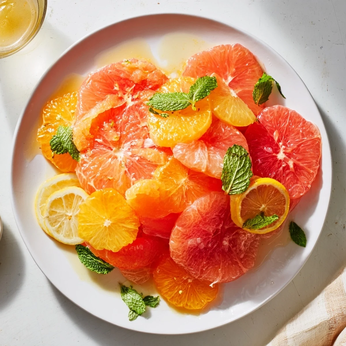 Refreshing Citrus Fruit Salad with glistening segments, drizzled with honey and fresh mint garnish.