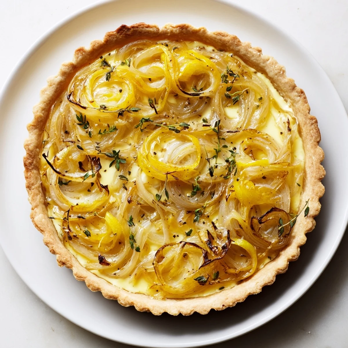 Golden, flaky Savory Onion Tart, caramelized onions and creamy custard filling, ready to serve!