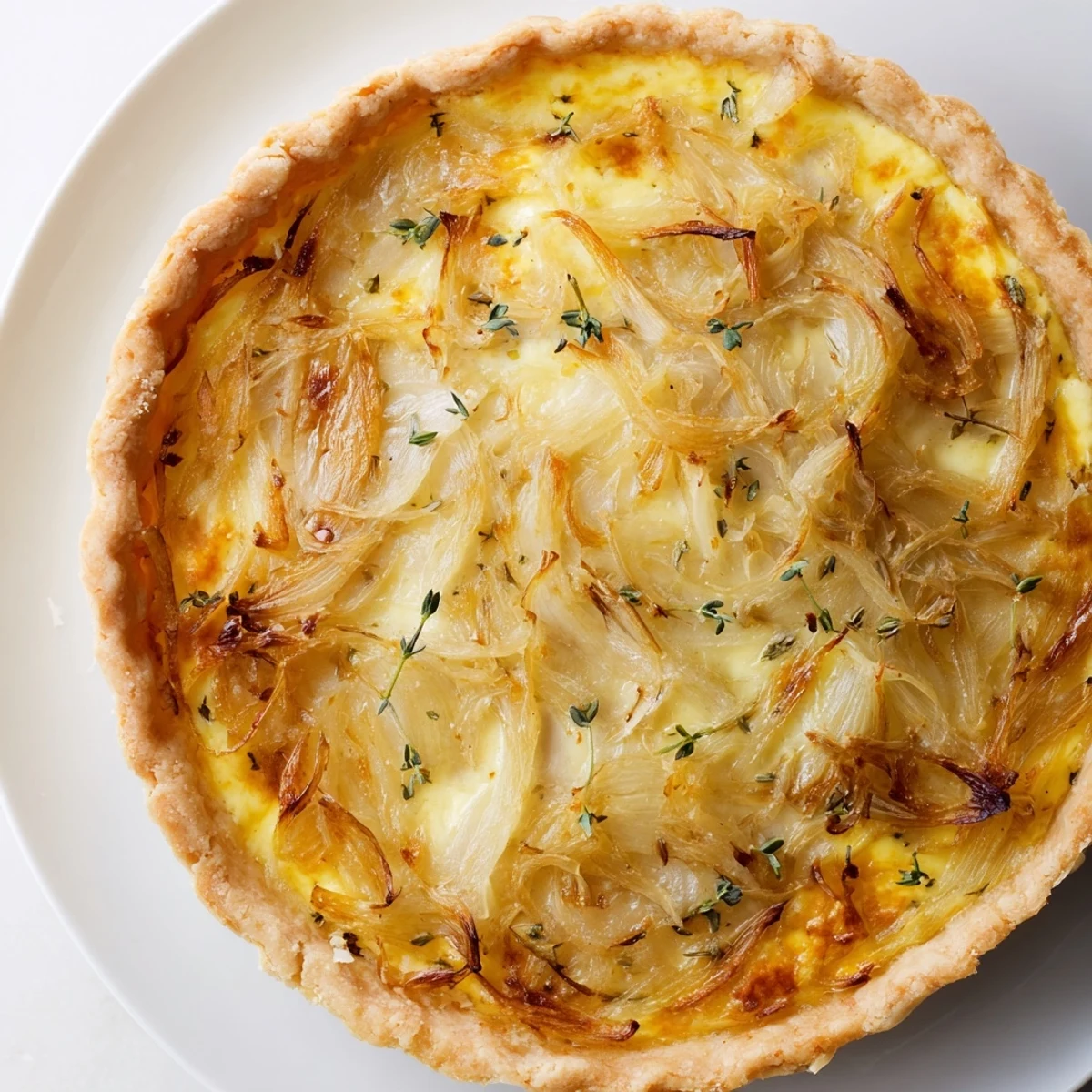 A close-up of a beautifully baked Savory Onion Tart, perfect for a vegetarian appetizer or lunch.