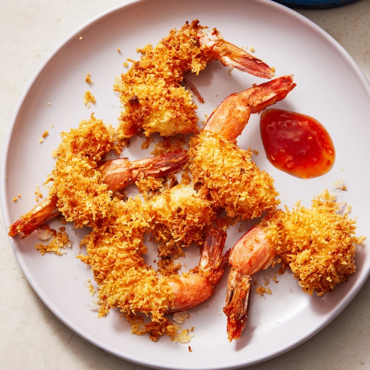 Golden, crispy prawns await, served alongside a vibrant red chilli dip, perfect as an appetizer.