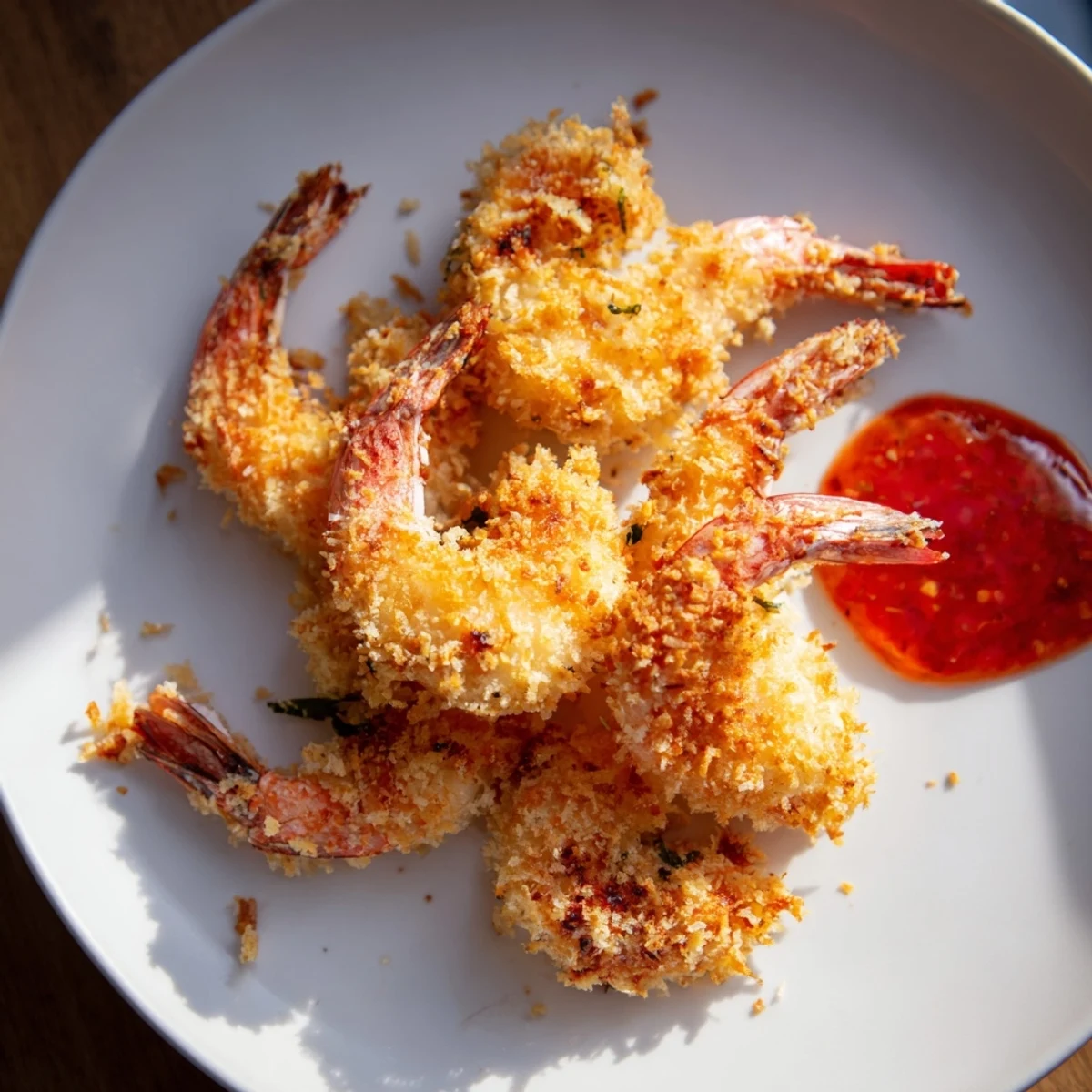 Close-up of freshly fried crispy prawns with a fiery red chilli dip, ideal for sharing.