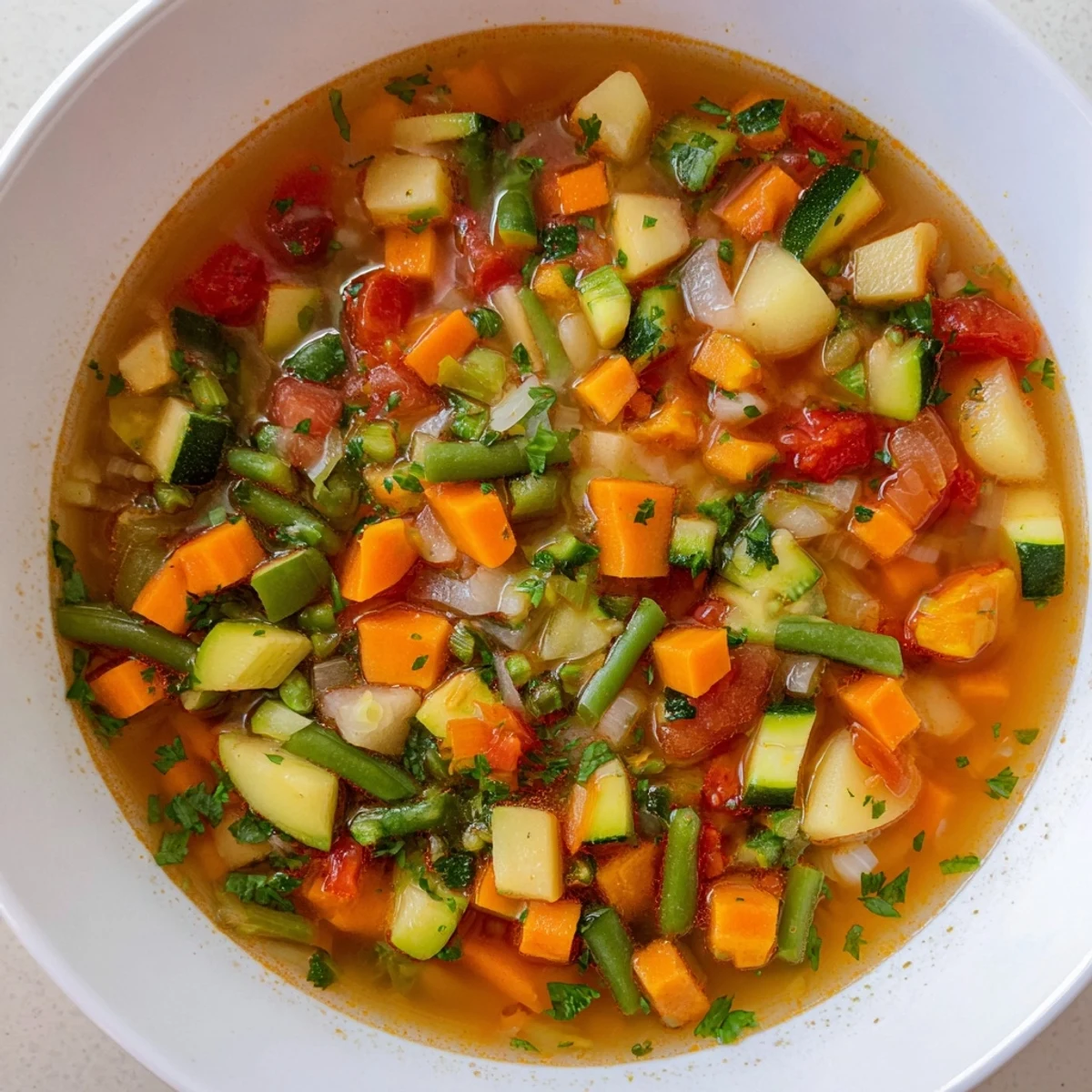 A steaming bowl of Hearty Vegetable Soup, filled with colorful vegetables and herbs.
