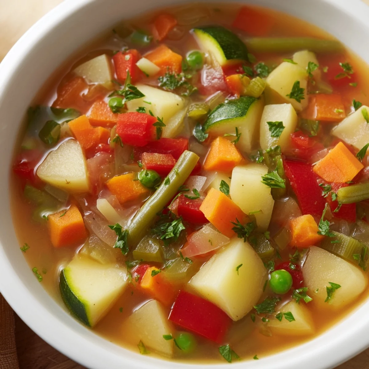 Delicious, fresh Hearty Vegetable Soup garnished with parsley, ready to be served and enjoyed.