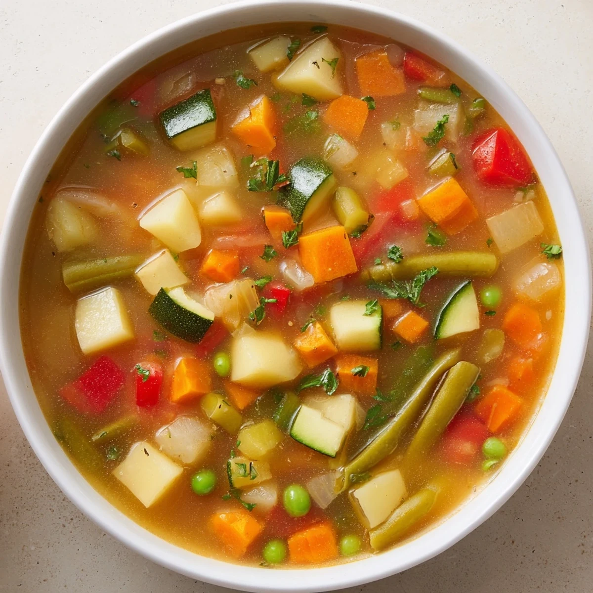 Close-up of a rustic, homemade Hearty Vegetable Soup, perfect for a chilly evening.