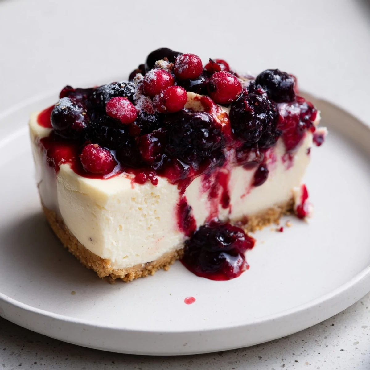 Creamy Winter Berry Cheesecake: a beautiful, chilled dessert with a vibrant berry topping.