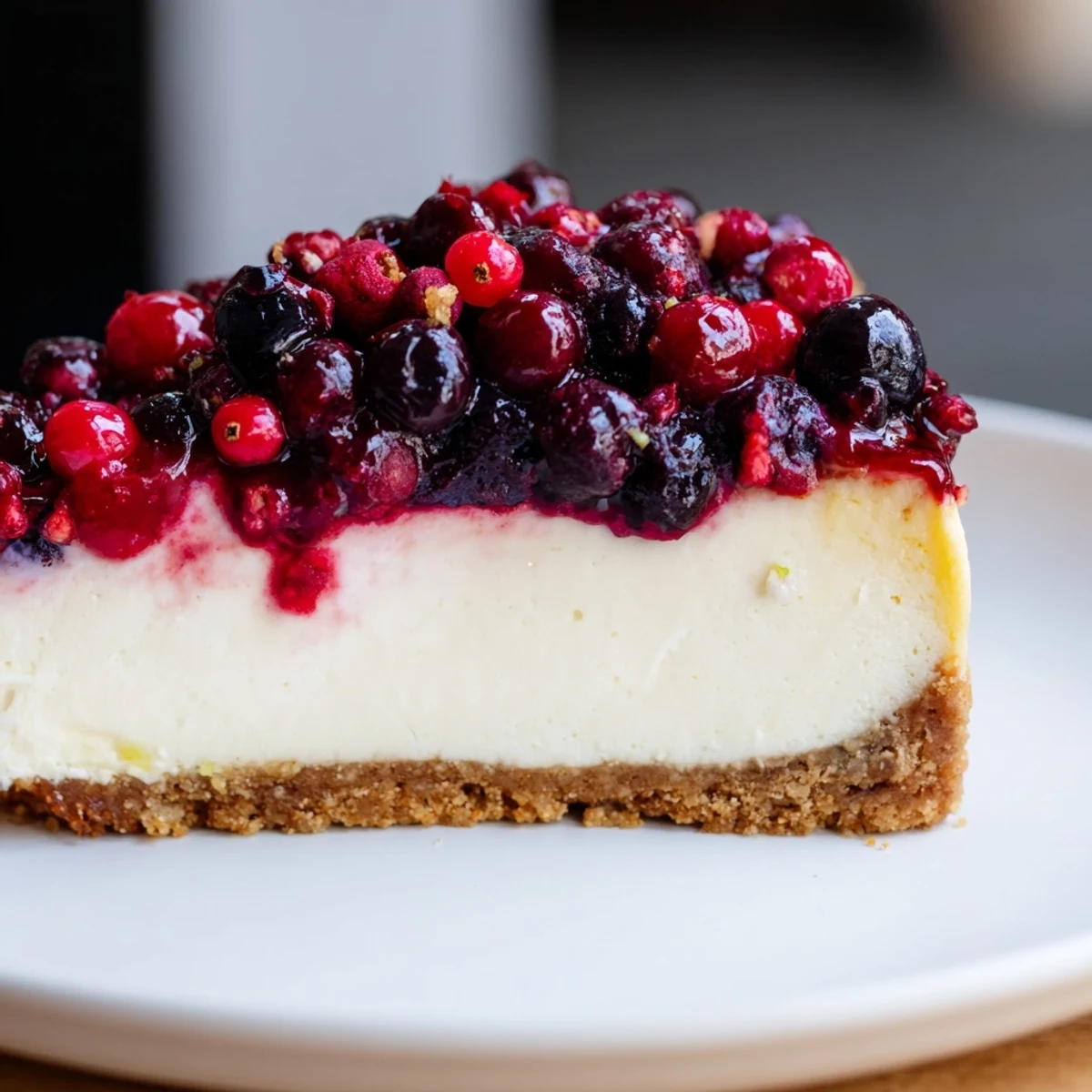 Festive Winter Berry Cheesecake, a close-up of the delicious berries atop the creamy filling.