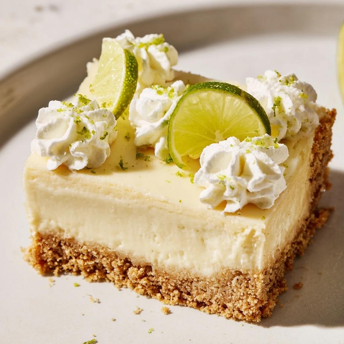 Zesty Lime Cheesecake with a perfect, golden crust and a creamy, lime-infused filling, ready to serve.