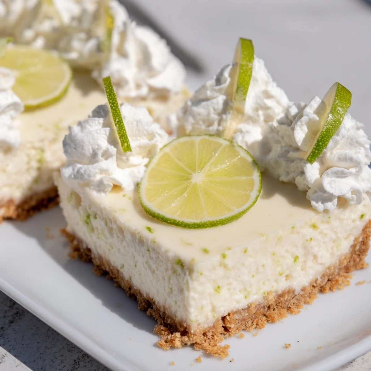 A slice of this Zesty Lime Cheesecake, garnished with whipped cream and lime, looks irresistible.