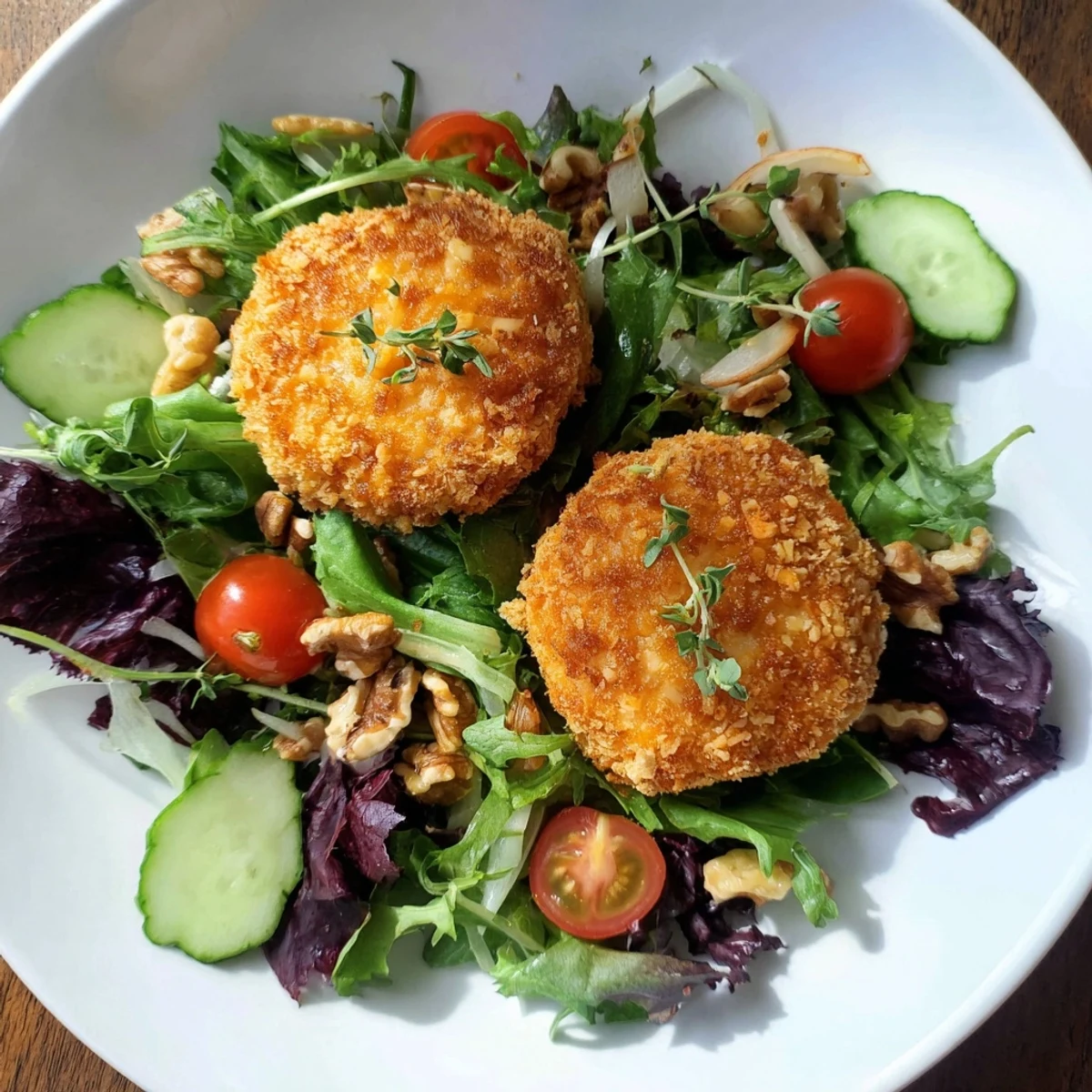 A delicious close-up of the Baked Goat Cheese Salad showcasing creamy, melting cheese.