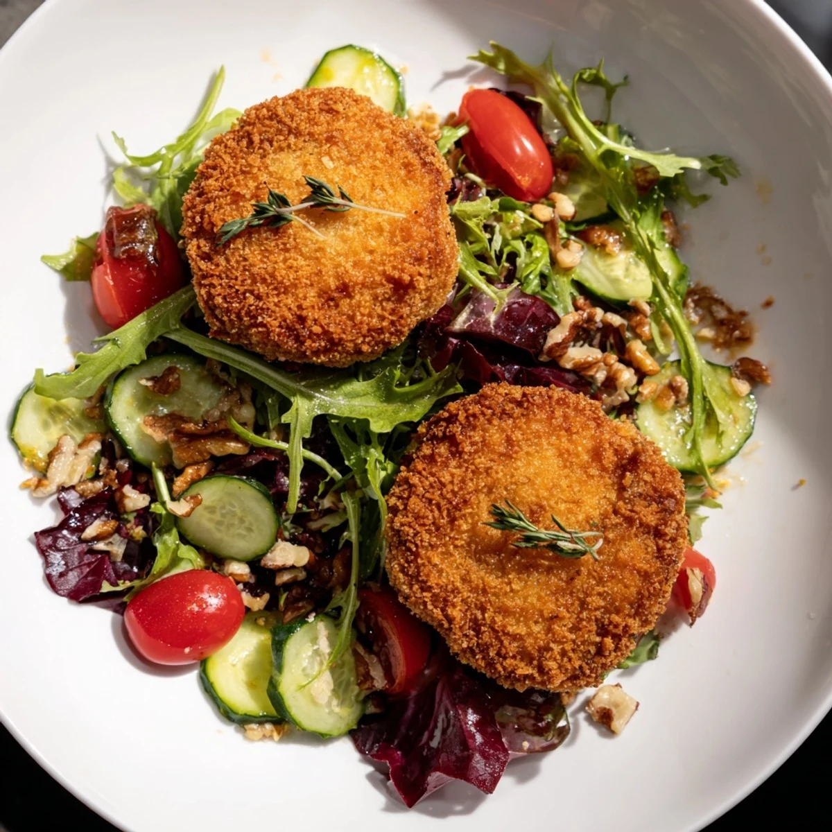 Fresh Baked Goat Cheese Salad, ready to serve, with toasted nuts and vibrant cherry tomatoes.