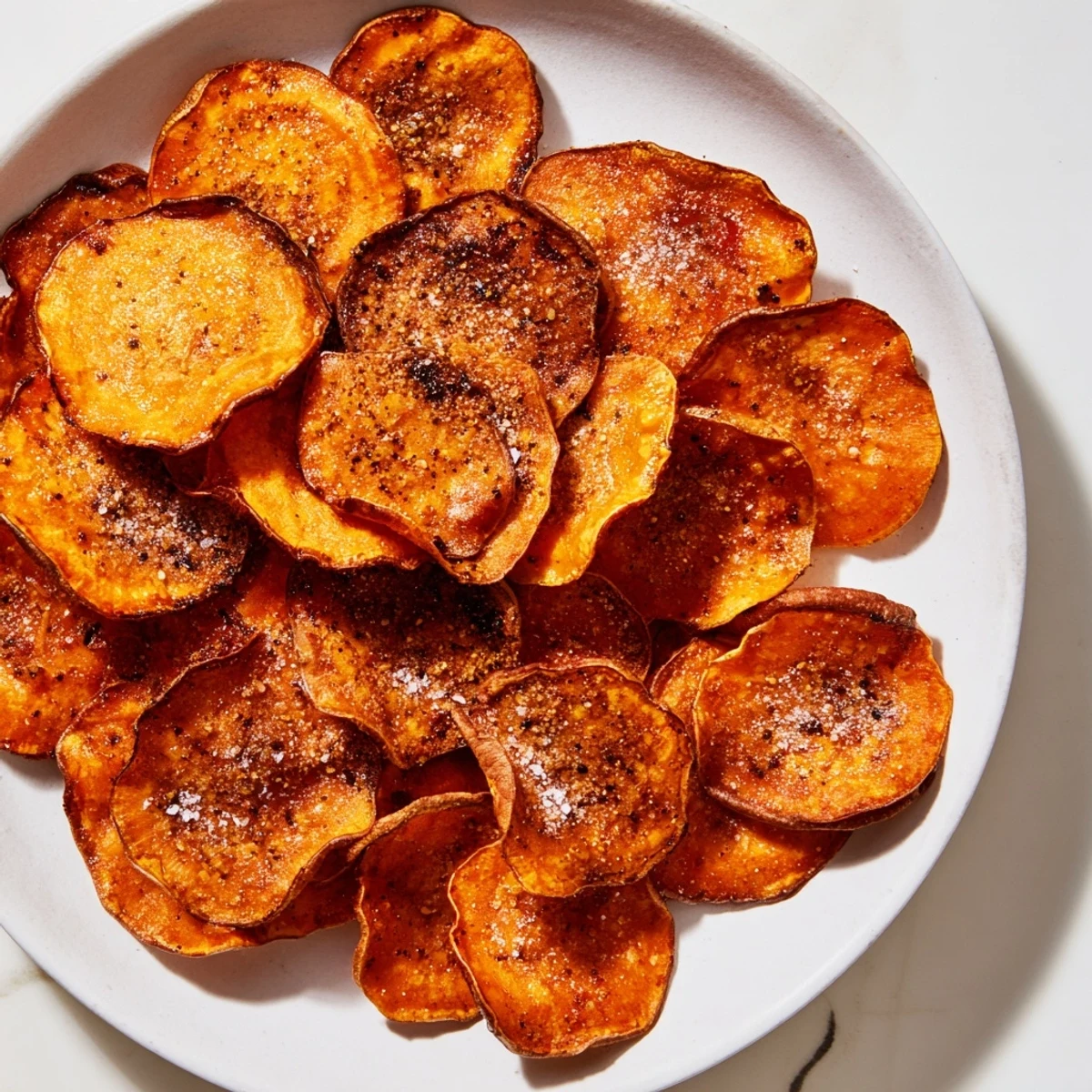 Crispy, golden-brown Roasted Sweet Potato Chips, perfect as a snack or side dish with sea salt.