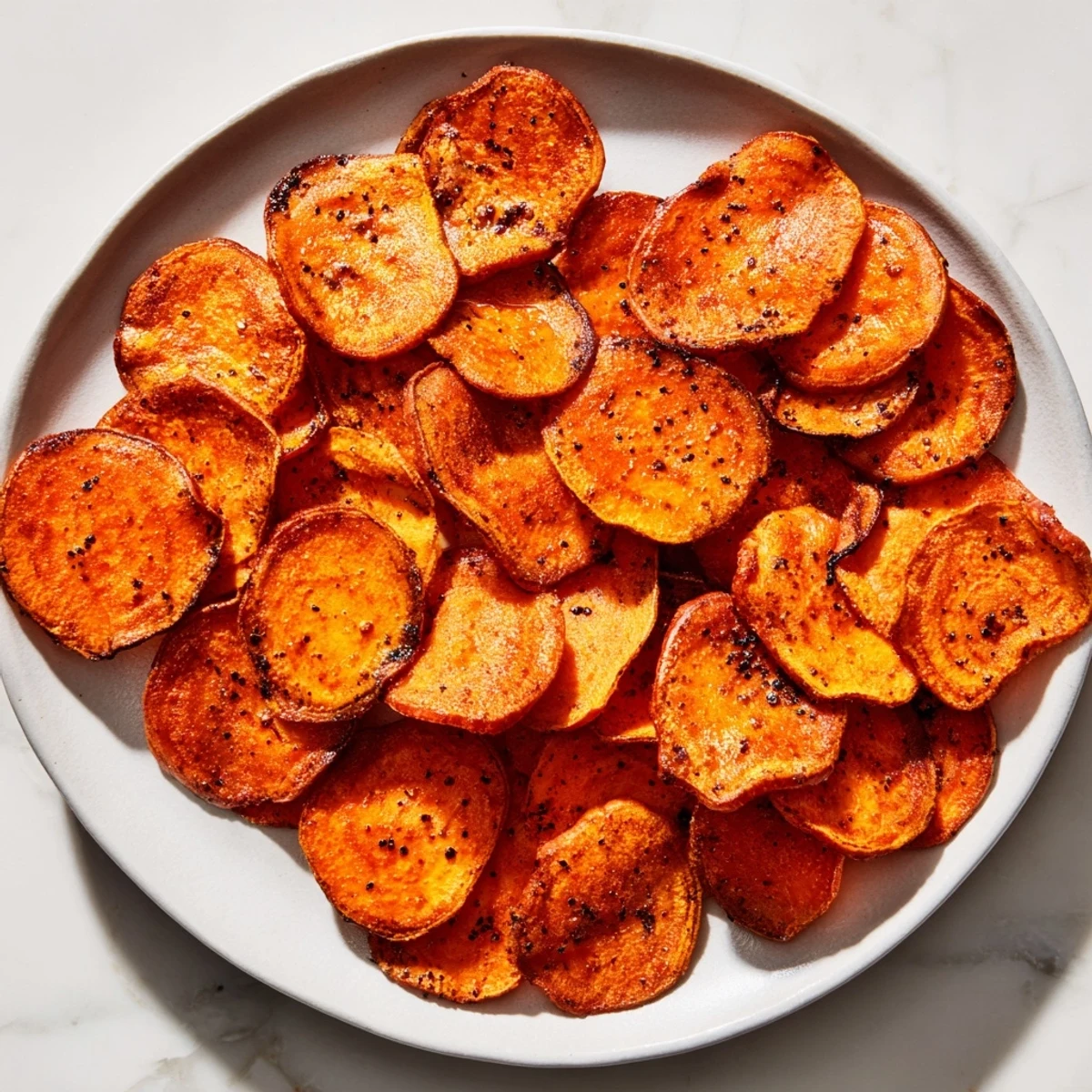 Close-up of golden, crispy Roasted Sweet Potato Chips, a healthy and delicious American recipe.