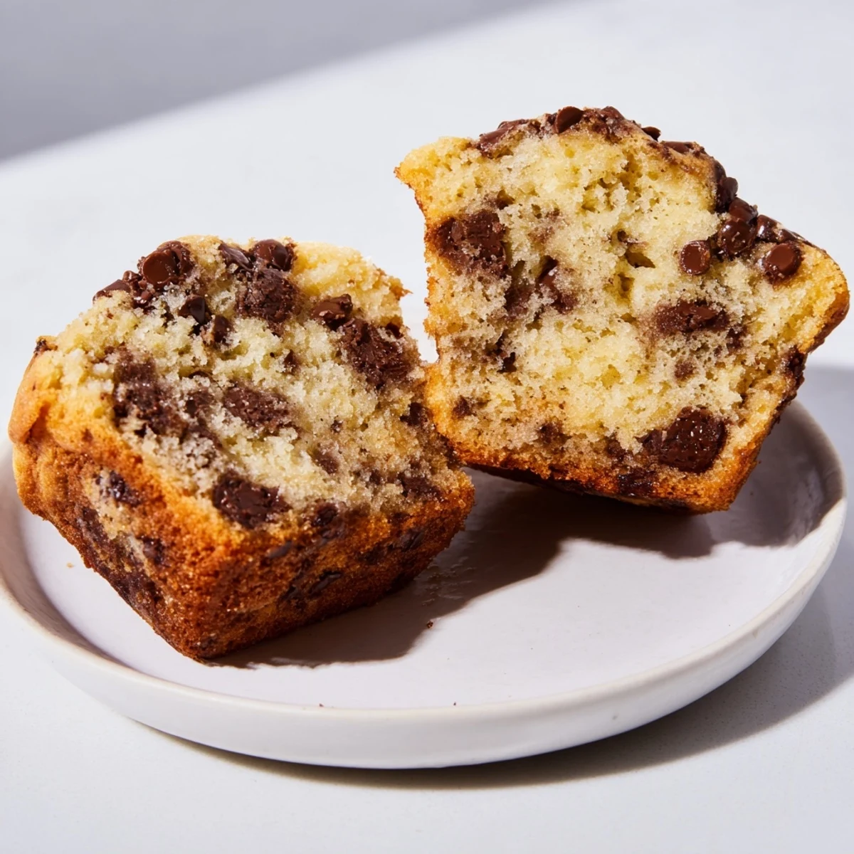 Golden-brown chocolate chip muffins: a close-up of the perfectly baked, sweet treat.