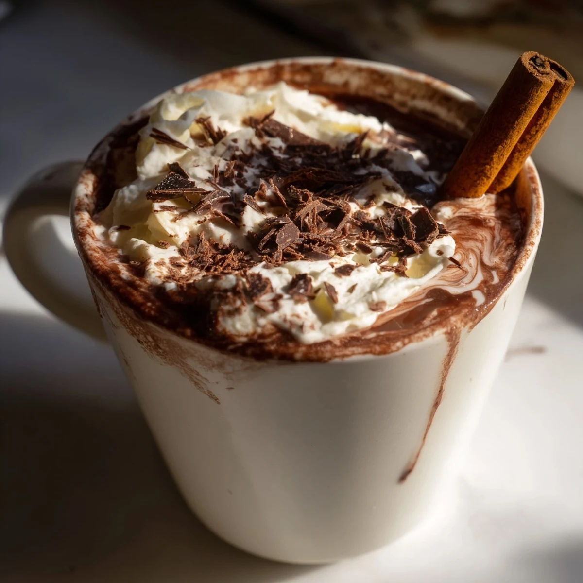 Steaming mugs of Spiced Hot Chocolate, topped with whipped cream, invite you to savor a cozy evening.
